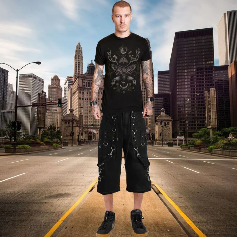 Men Handmade Gothic Bondage Grey Thread Cyber Punk Shorts Metal Studs Shorts - Picture 4 of 7